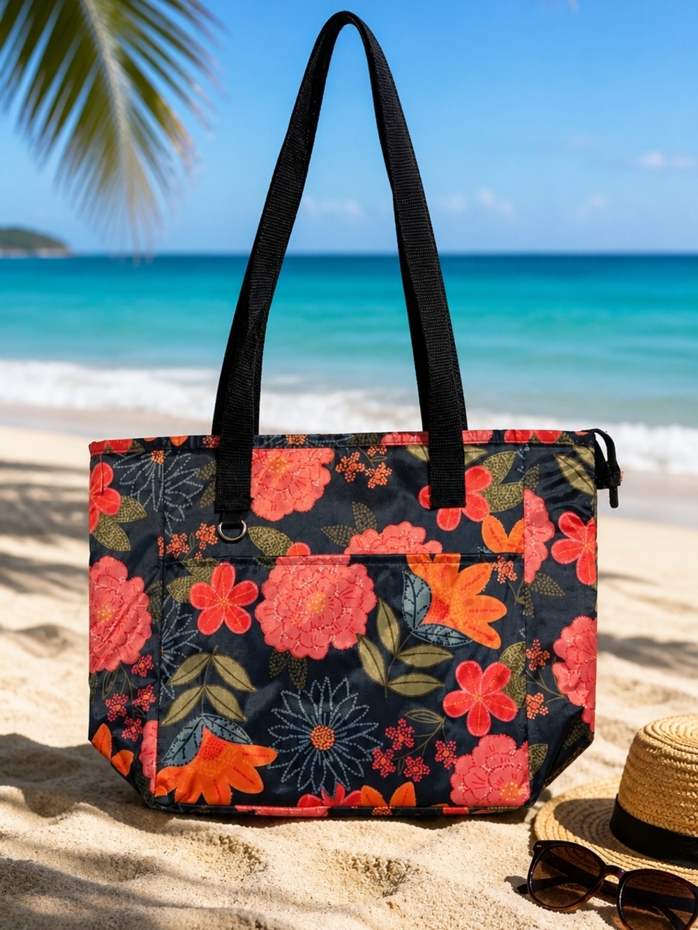 Thirty One Floral Beach Insulated Tote Bag - Black with Coral & Orange Flowers